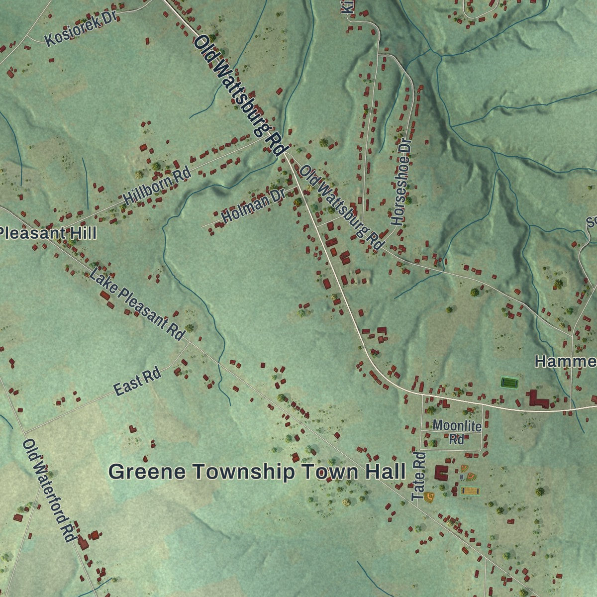 Close-up of the map of Greene, Erie County, Pennsylvania print showing street and building detail