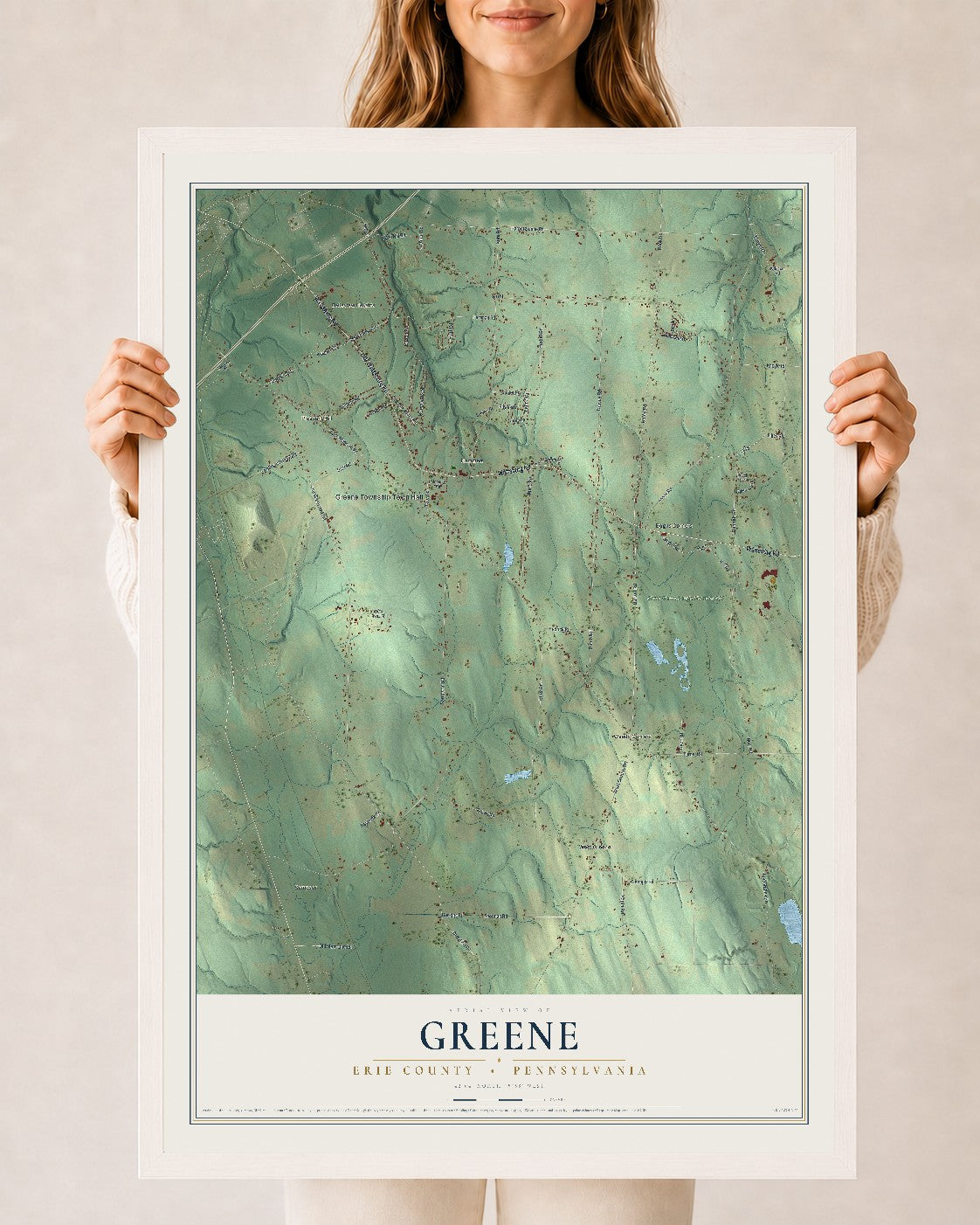 Map of Greene, Erie County, Pennsylvania, 24 x 36 inch print in a white wood frame