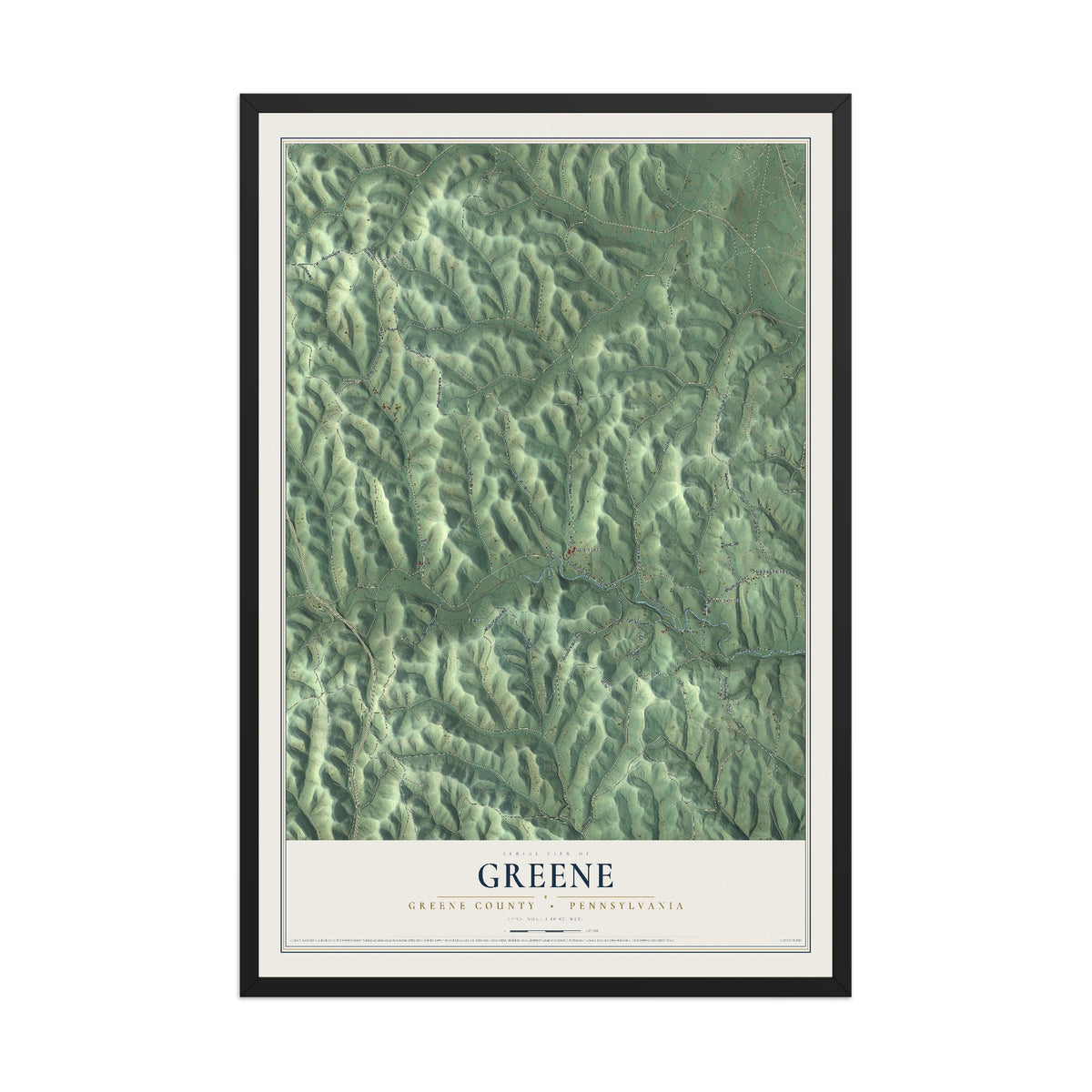 Map of Greene, Greene County, Pennsylvania, 12 x 18 inch print in a black wood frame