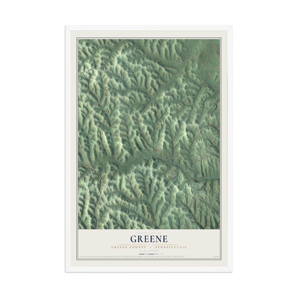 Map of Greene, Greene County, Pennsylvania, 12 x 18 inch print in a white wood frame