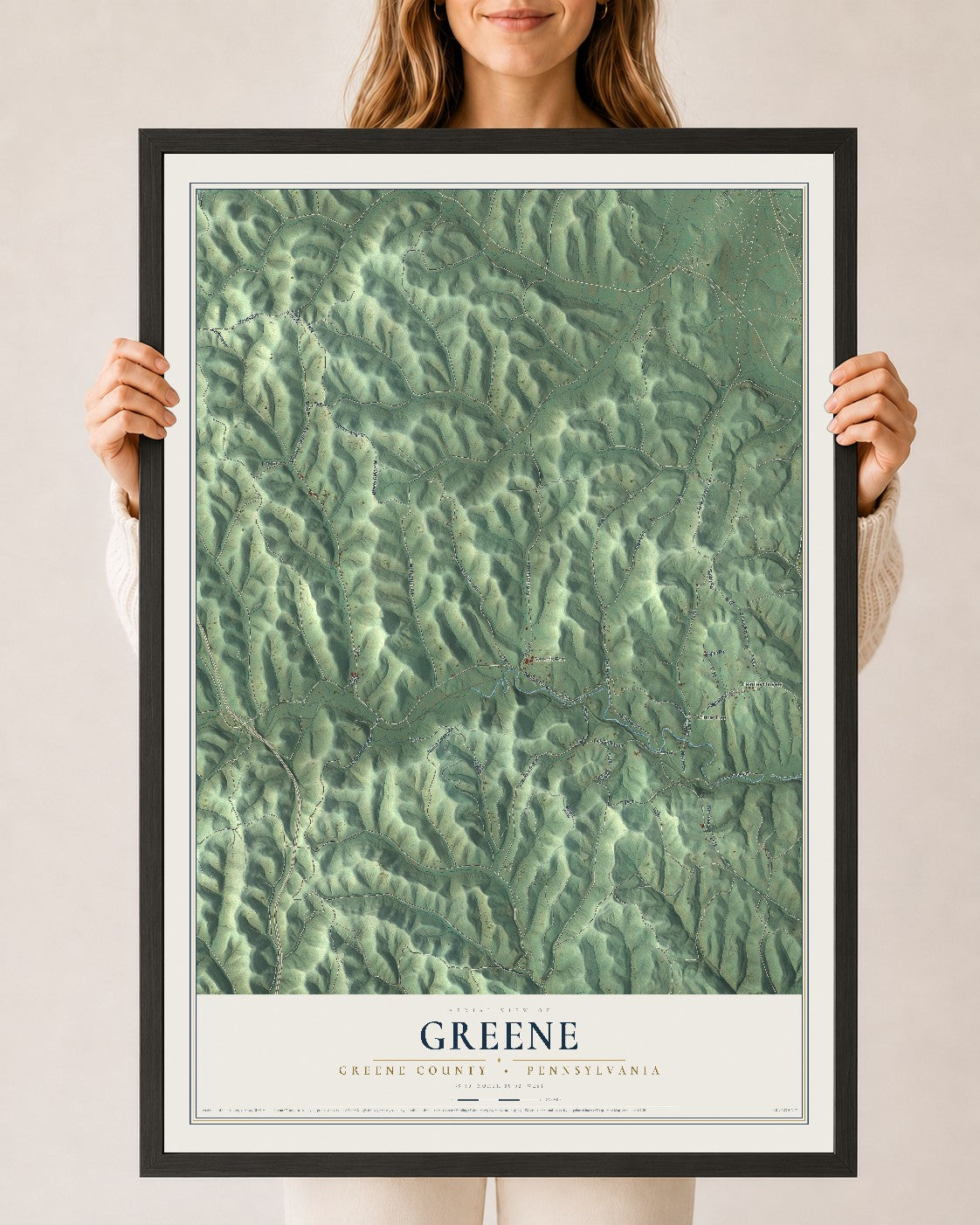 Map of Greene, Greene County, Pennsylvania, 24 x 36 inch print in a black wood frame