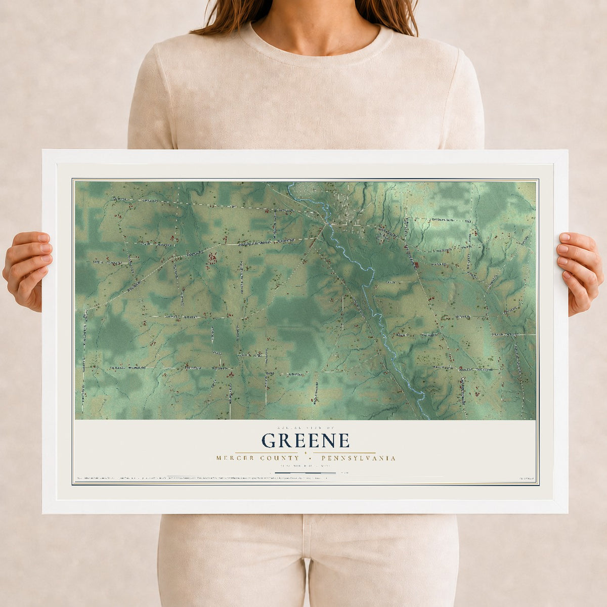 Map of Greene, Mercer County, Pennsylvania, 12 x 18 inch print in a white wood frame
