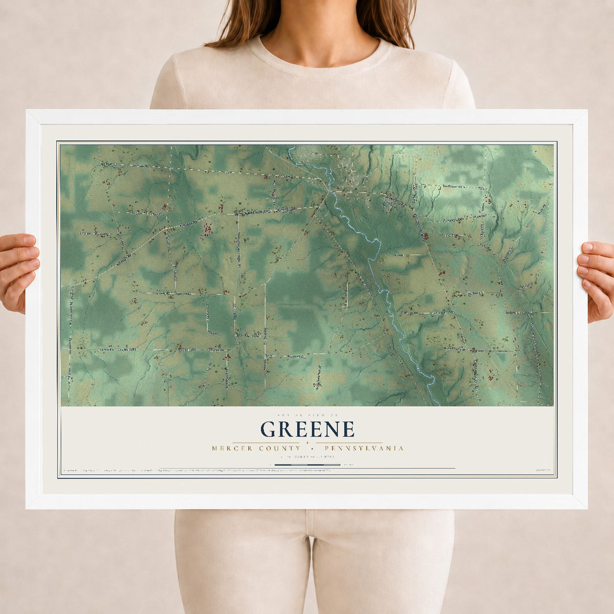 Map of Greene, Mercer County, Pennsylvania, 18 x 24 inch print in a white wood frame