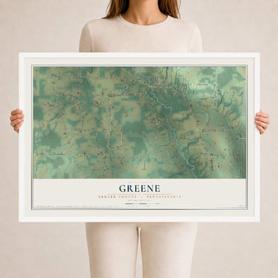 Map of Greene, Mercer County, Pennsylvania, 24 x 36 inch print in a white wood frame