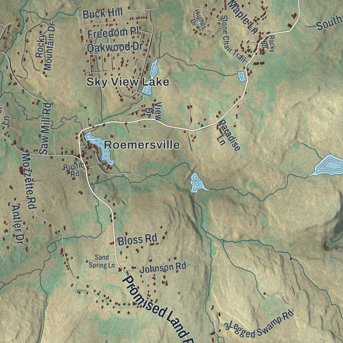 Second close-up of the map of Greene, Pike County, Pennsylvania print showing more streets and buildings