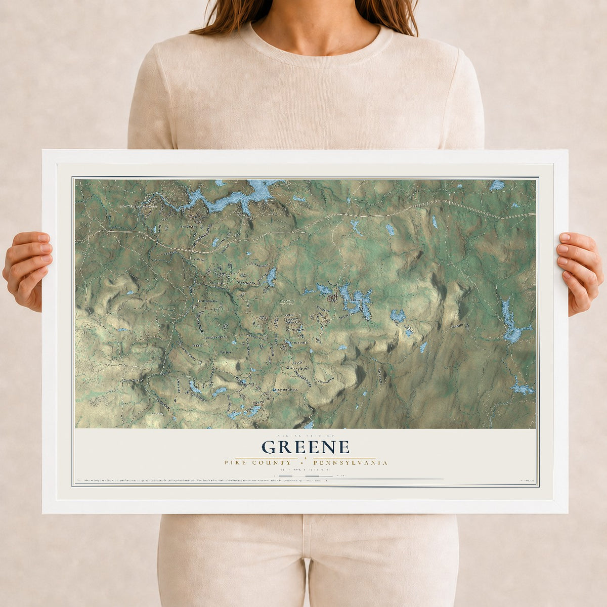 Map of Greene, Pike County, Pennsylvania, 12 x 18 inch print in a white wood frame