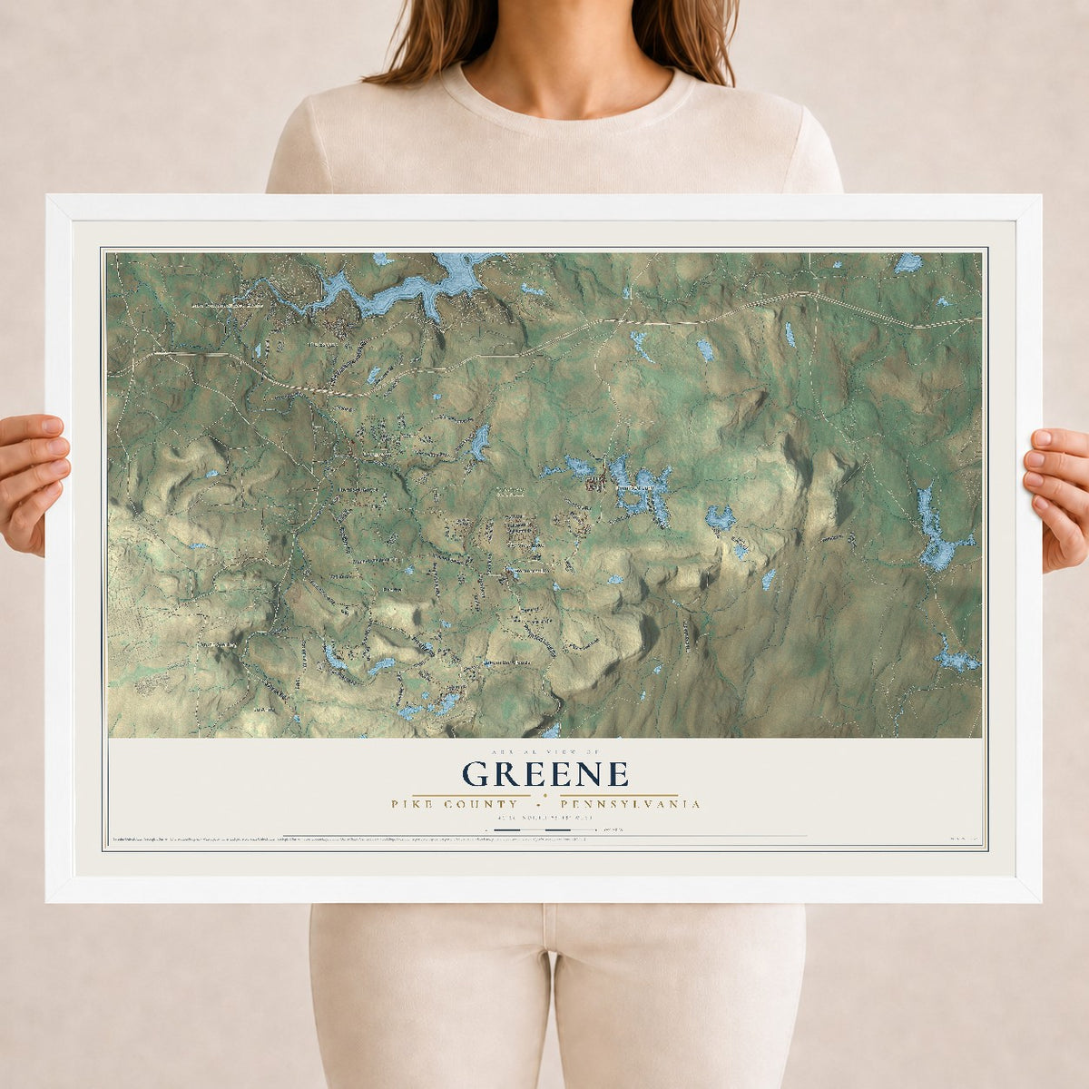 Map of Greene, Pike County, Pennsylvania, 18 x 24 inch print in a white wood frame