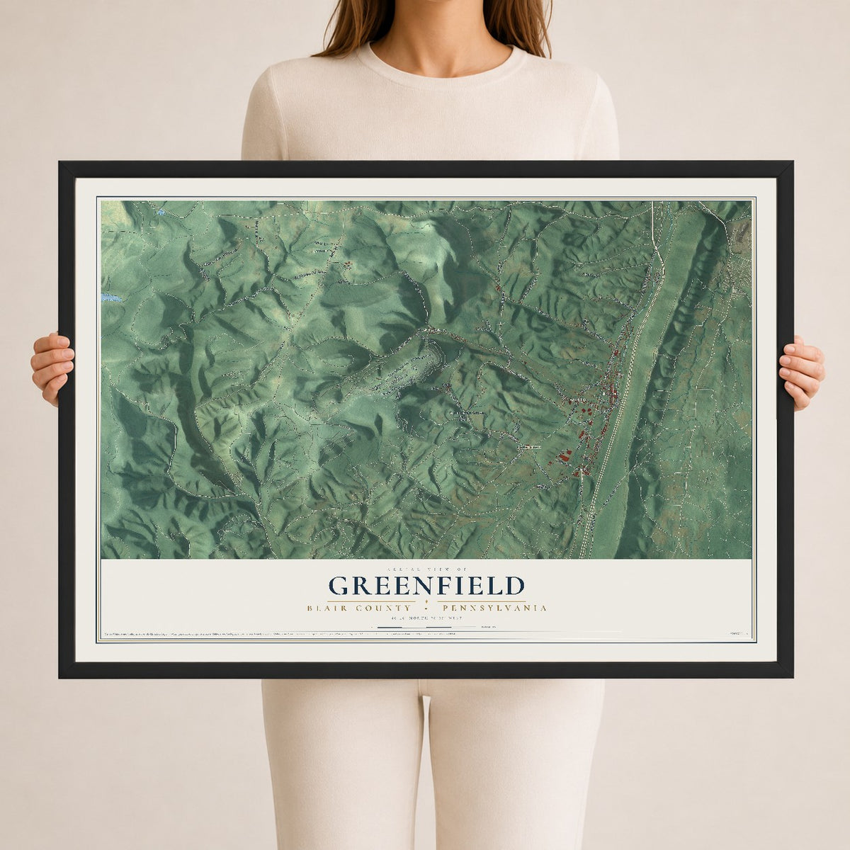 Map of Greenfield, Blair County, Pennsylvania, 24 x 36 inch print in a black wood frame