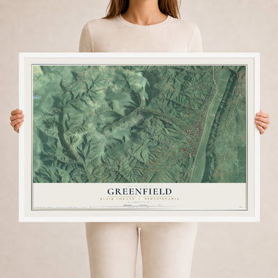 Map of Greenfield, Blair County, Pennsylvania, 24 x 36 inch print in a white wood frame