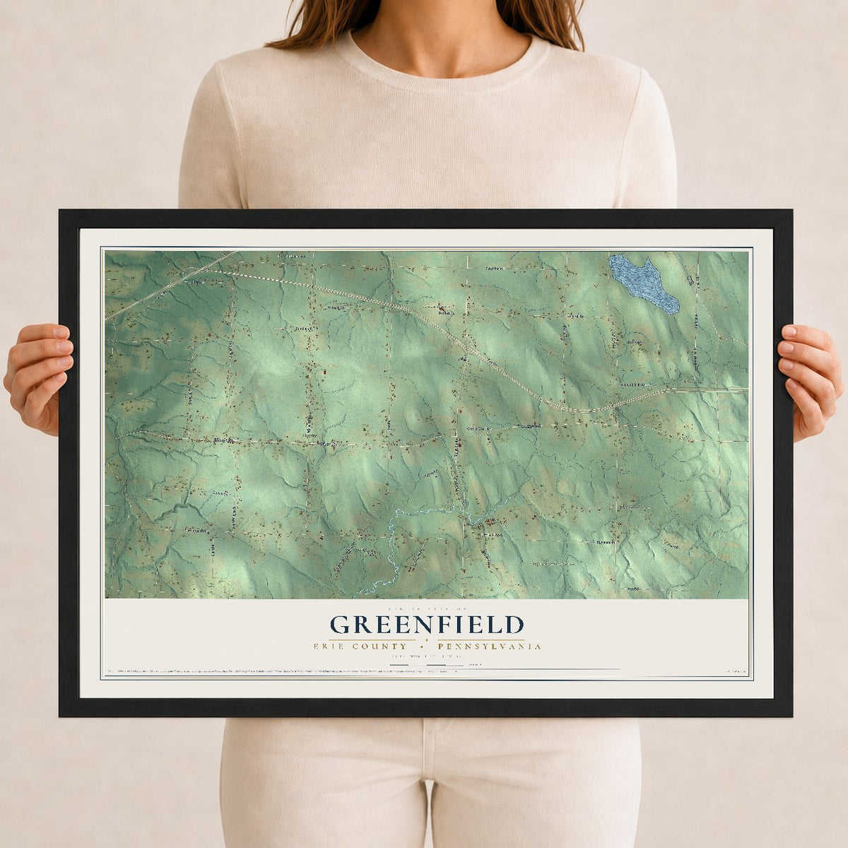 Map of Greenfield, Erie County, Pennsylvania, 12 x 18 inch print in a black wood frame