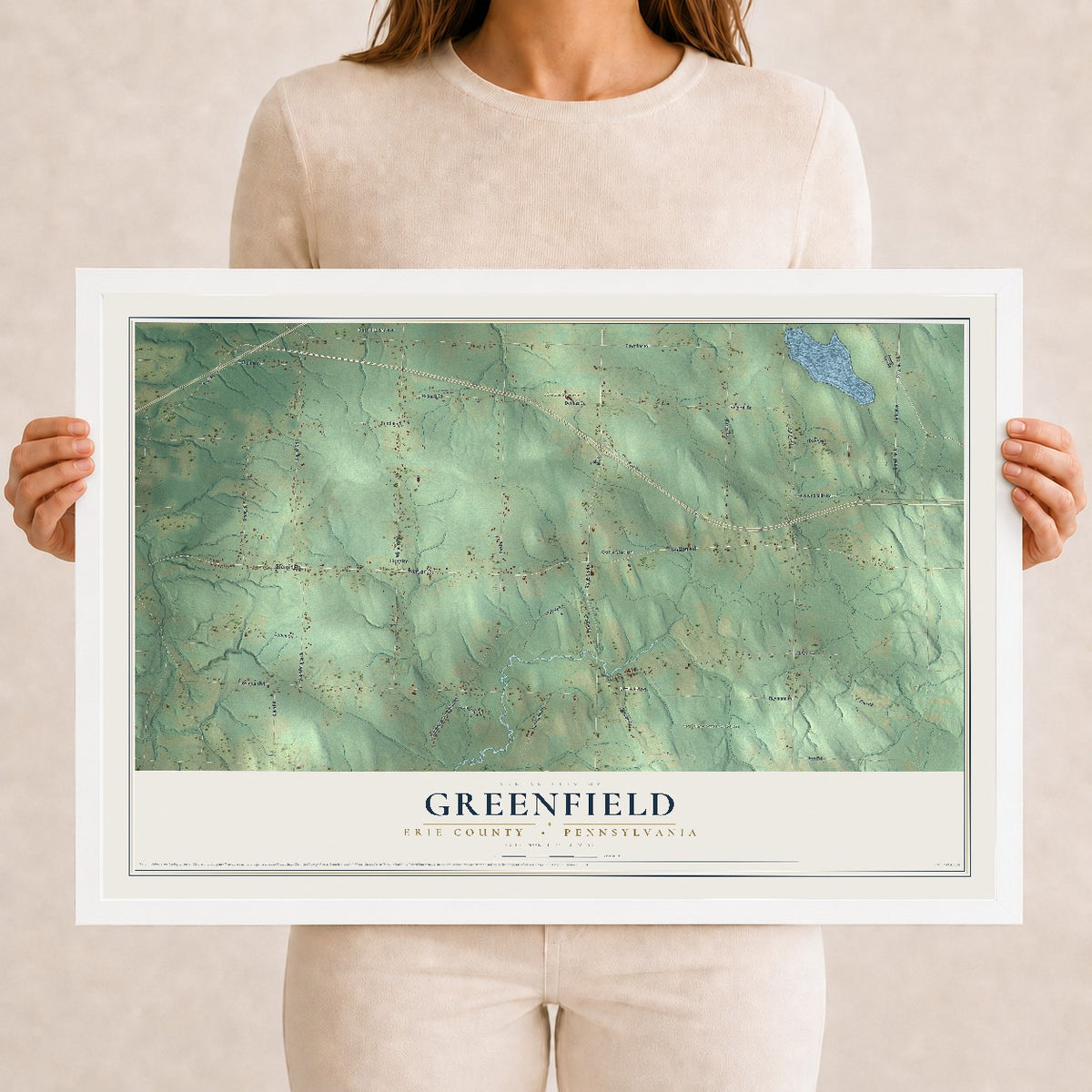 Map of Greenfield, Erie County, Pennsylvania, 12 x 18 inch print in a white wood frame