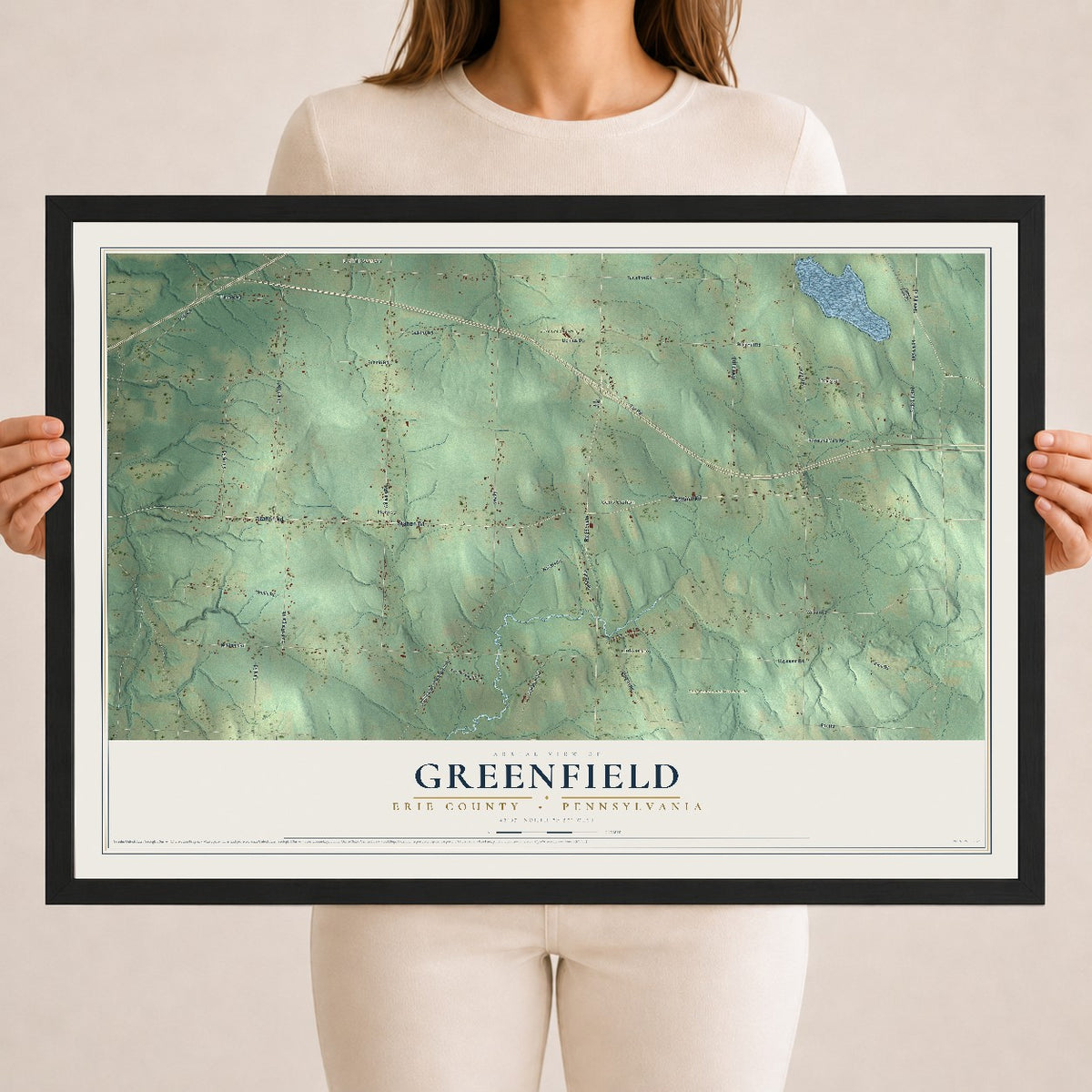 Map of Greenfield, Erie County, Pennsylvania, 18 x 24 inch print in a black wood frame