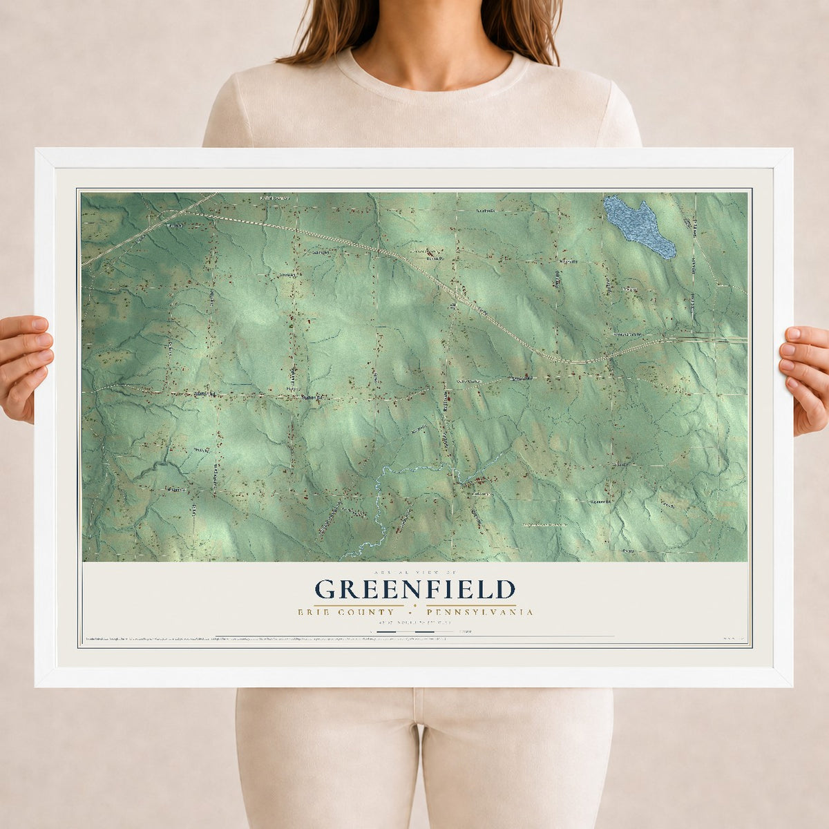 Map of Greenfield, Erie County, Pennsylvania, 18 x 24 inch print in a white wood frame