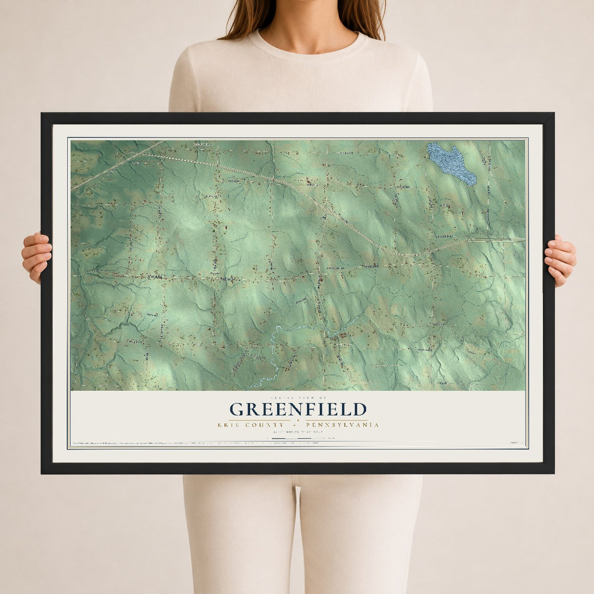 Map of Greenfield, Erie County, Pennsylvania, 24 x 36 inch print in a black wood frame