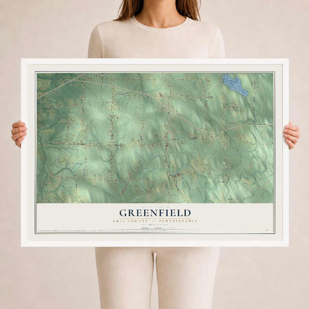 Map of Greenfield, Erie County, Pennsylvania, 24 x 36 inch print in a white wood frame