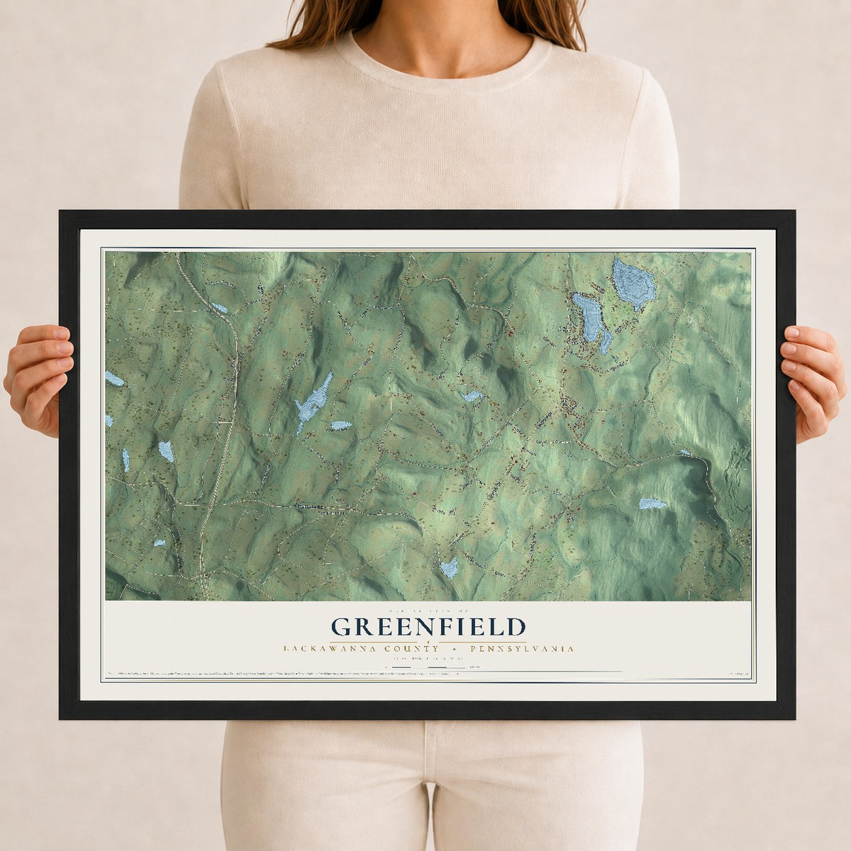 Map of Greenfield, Lackawanna County, Pennsylvania, 12 x 18 inch print in a black wood frame