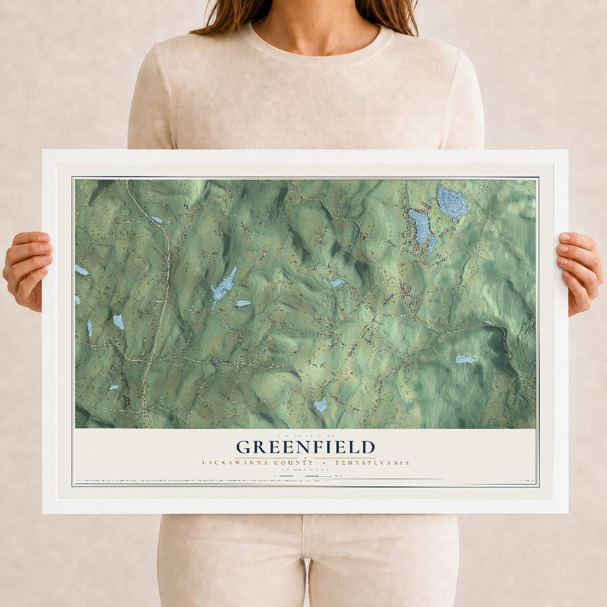 Map of Greenfield, Lackawanna County, Pennsylvania, 12 x 18 inch print in a white wood frame