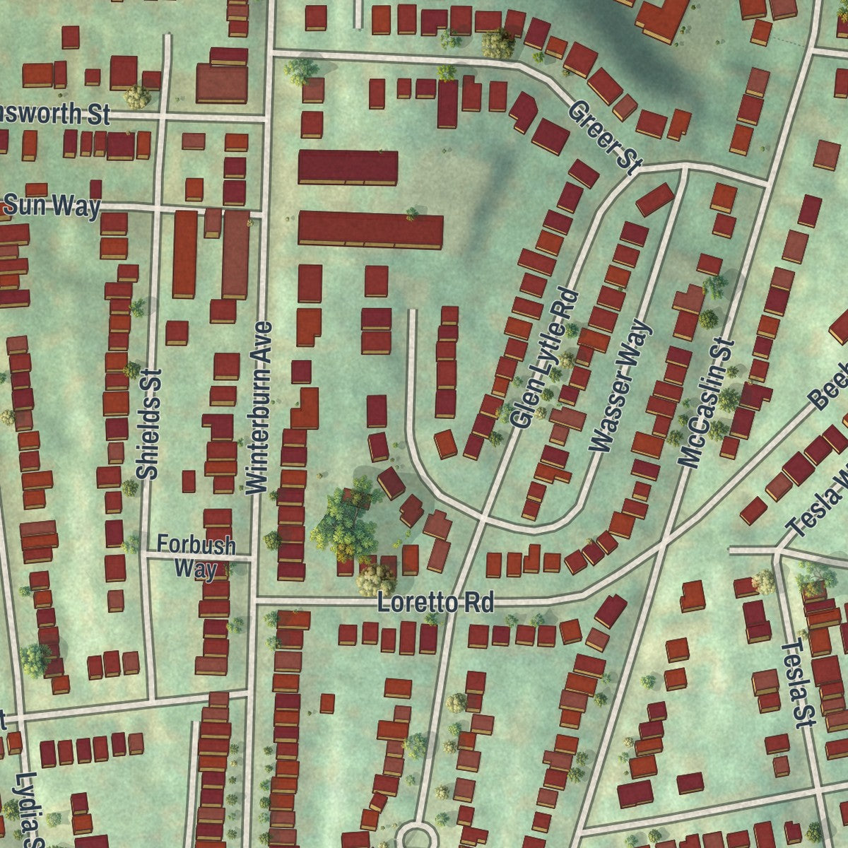 Second close-up of the map of Greenfield, Pennsylvania print showing more streets and buildings