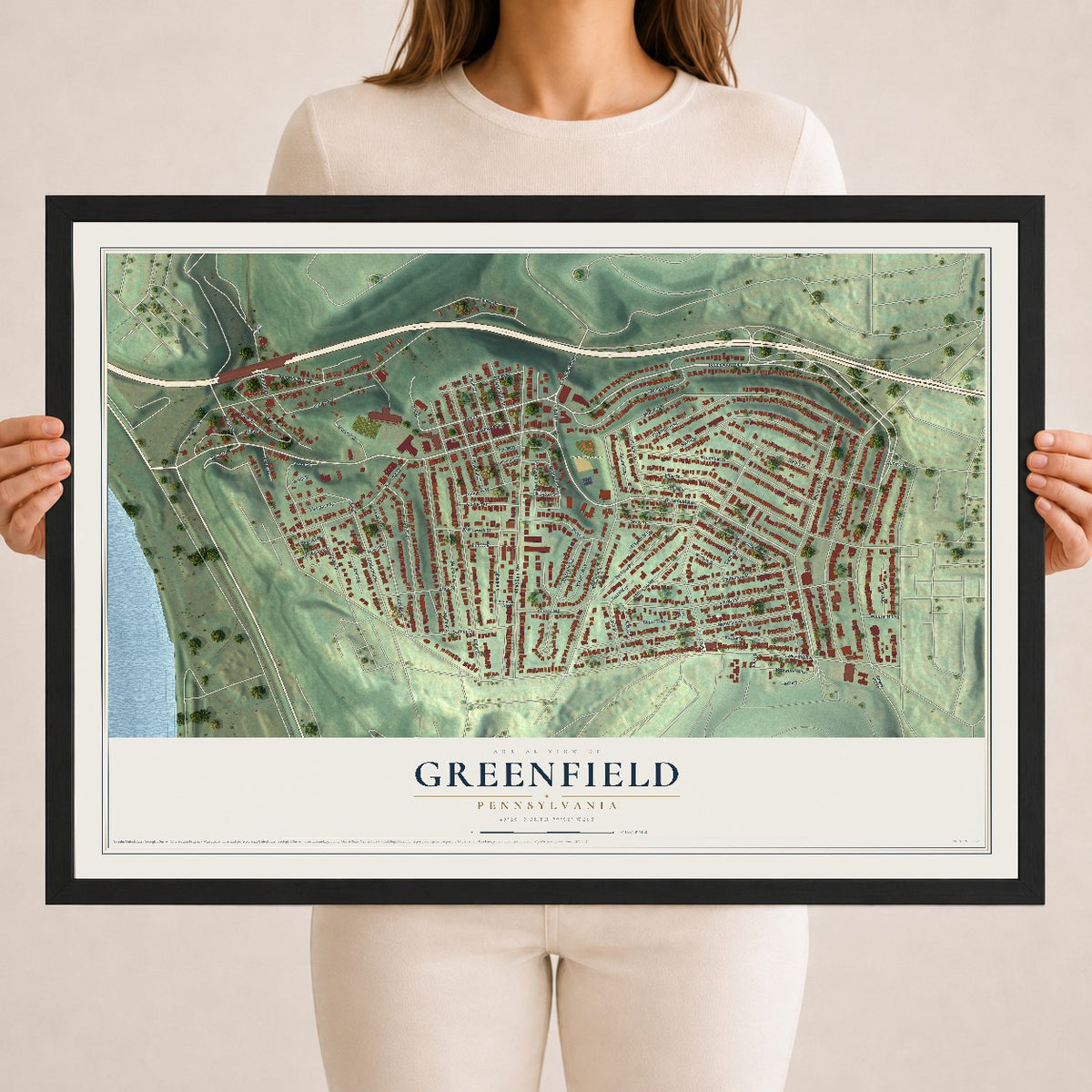Map of Greenfield, Pennsylvania, 18 x 24 inch print in a black wood frame