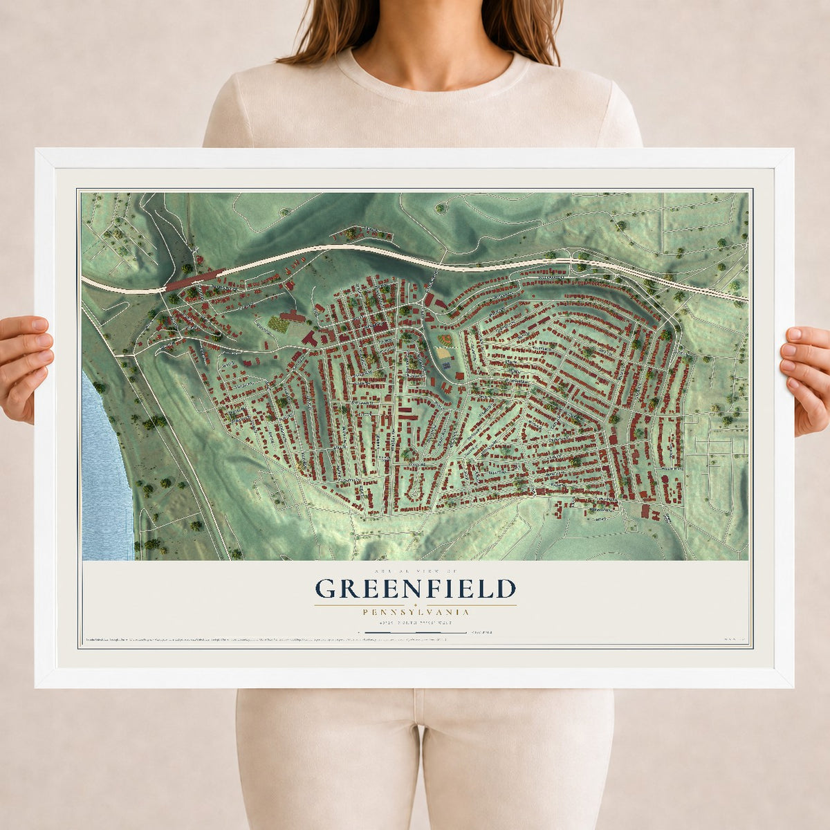 Map of Greenfield, Pennsylvania, 18 x 24 inch print in a white wood frame