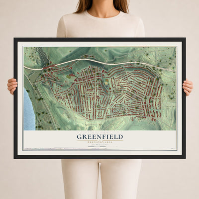 Map of Greenfield, Pennsylvania, 24 x 36 inch print in a black wood frame