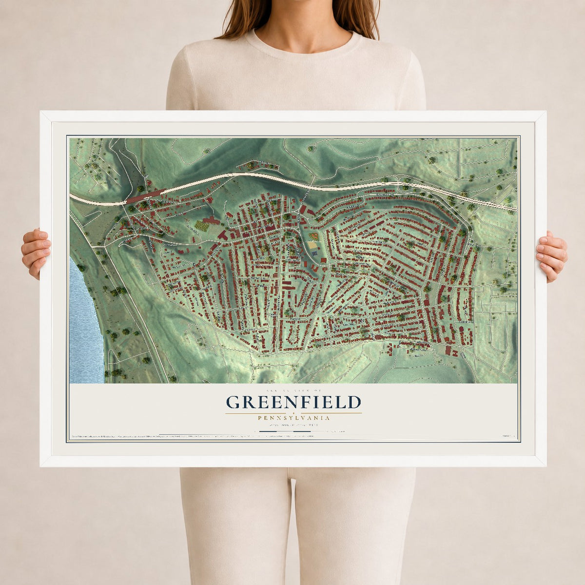 Map of Greenfield, Pennsylvania, 24 x 36 inch print in a white wood frame