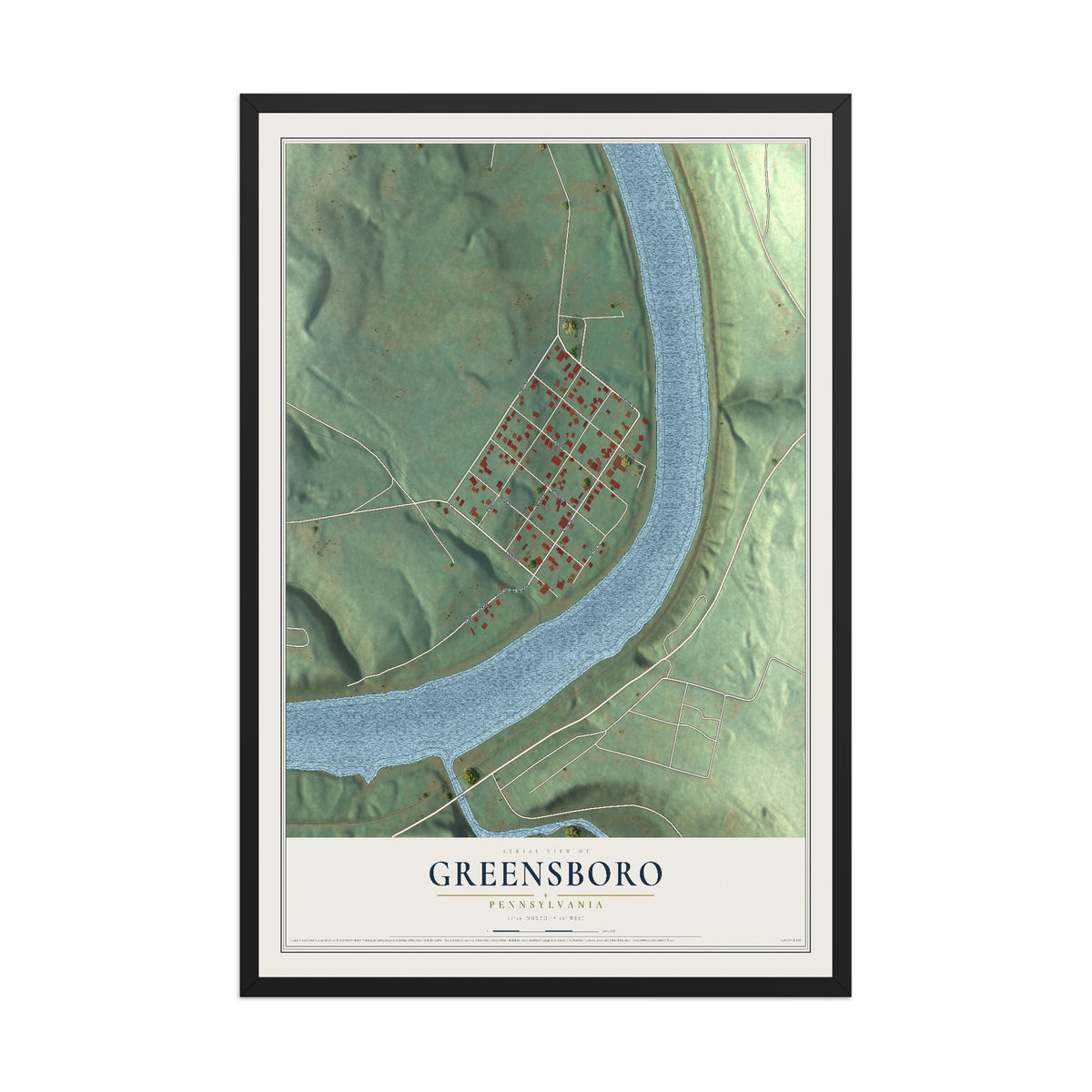 Map of Greensboro, Pennsylvania, 12 x 18 inch print in a black wood frame