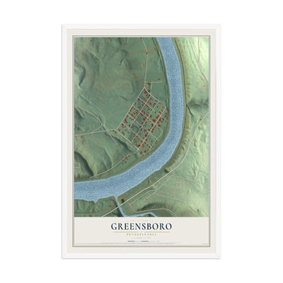 Map of Greensboro, Pennsylvania, 12 x 18 inch print in a white wood frame