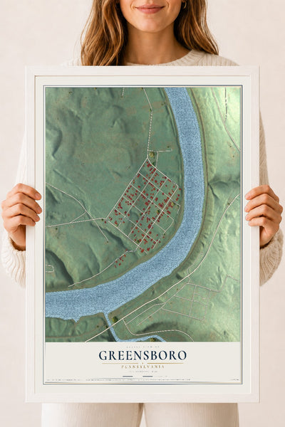 Map of Greensboro, Pennsylvania, 18 x 24 inch print in a white wood frame