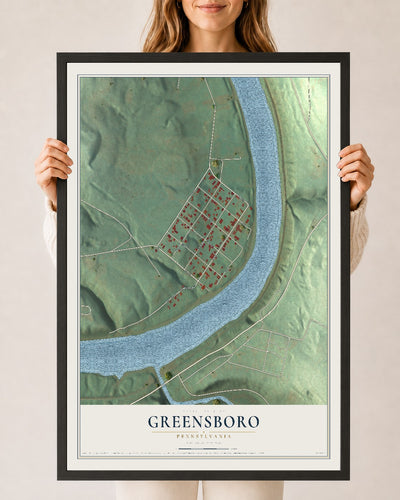 Map of Greensboro, Pennsylvania, 24 x 36 inch print in a black wood frame