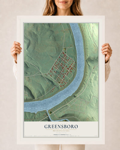 Map of Greensboro, Pennsylvania, 24 x 36 inch print in a white wood frame