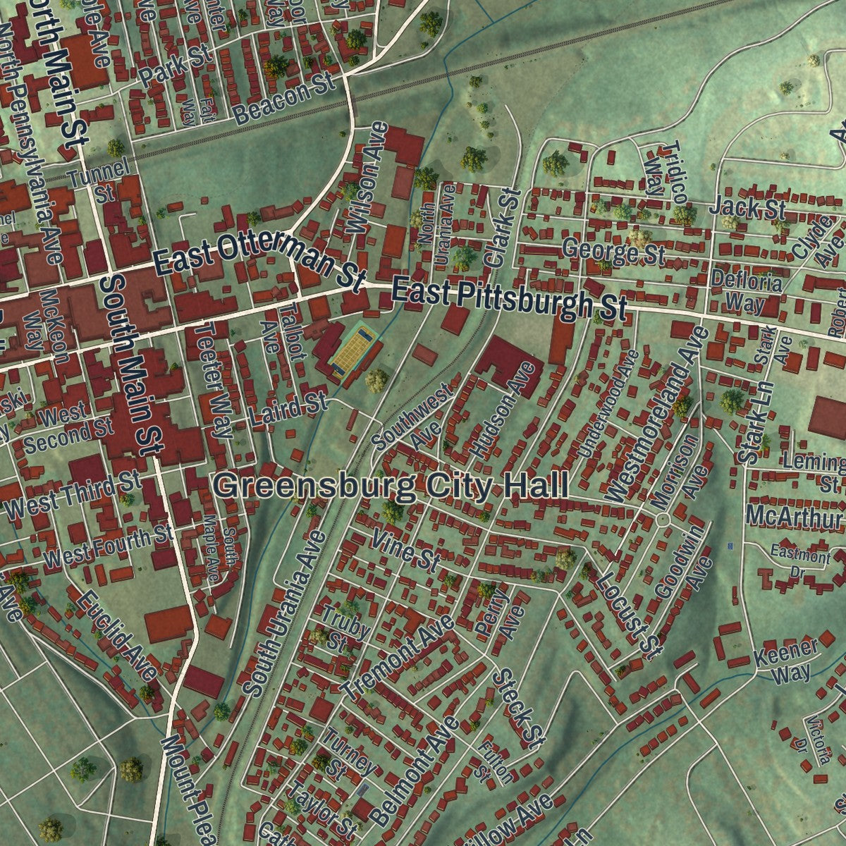 Close-up of the map of Greensburg, Pennsylvania print showing street and building detail