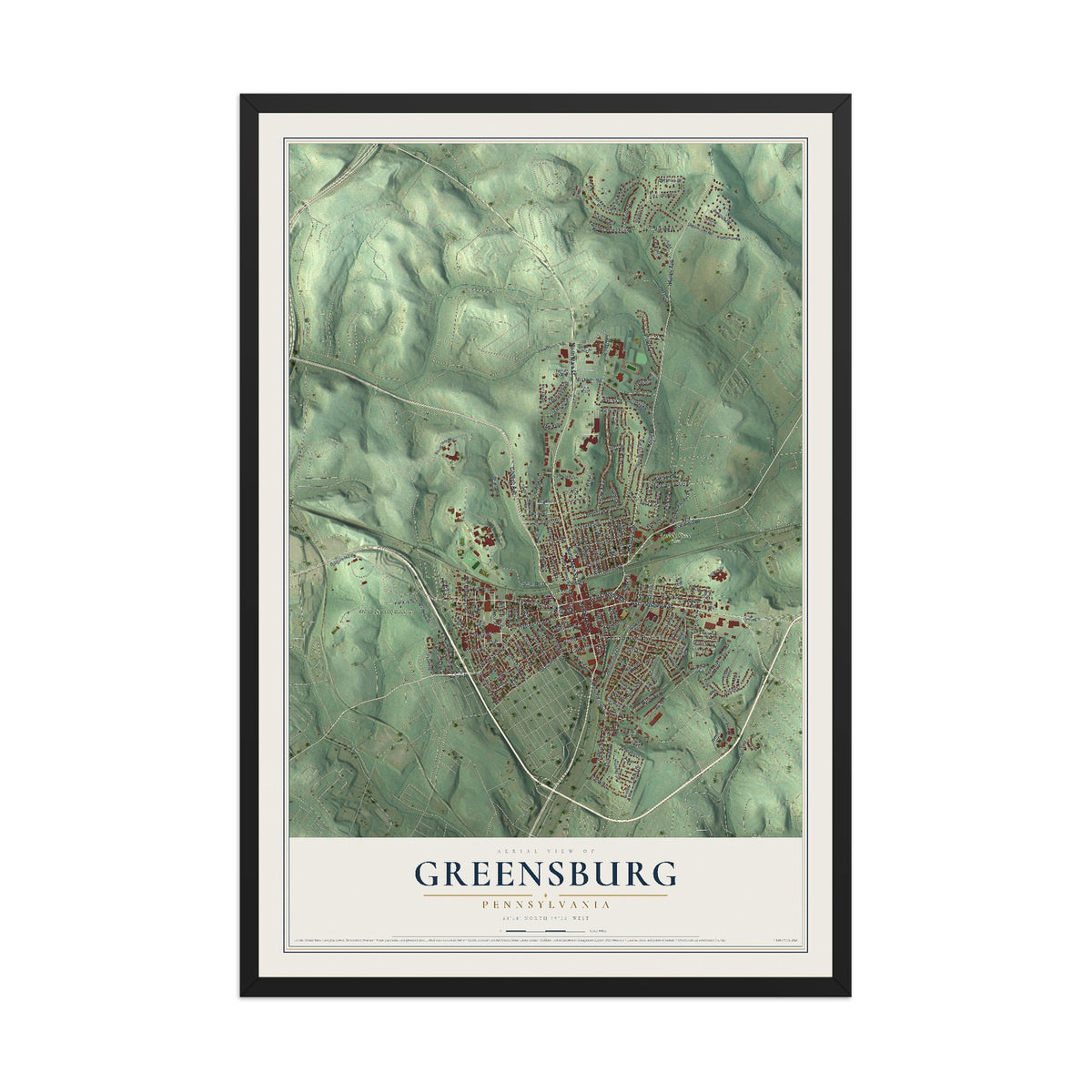 Map of Greensburg, Pennsylvania, 12 x 18 inch print in a black wood frame