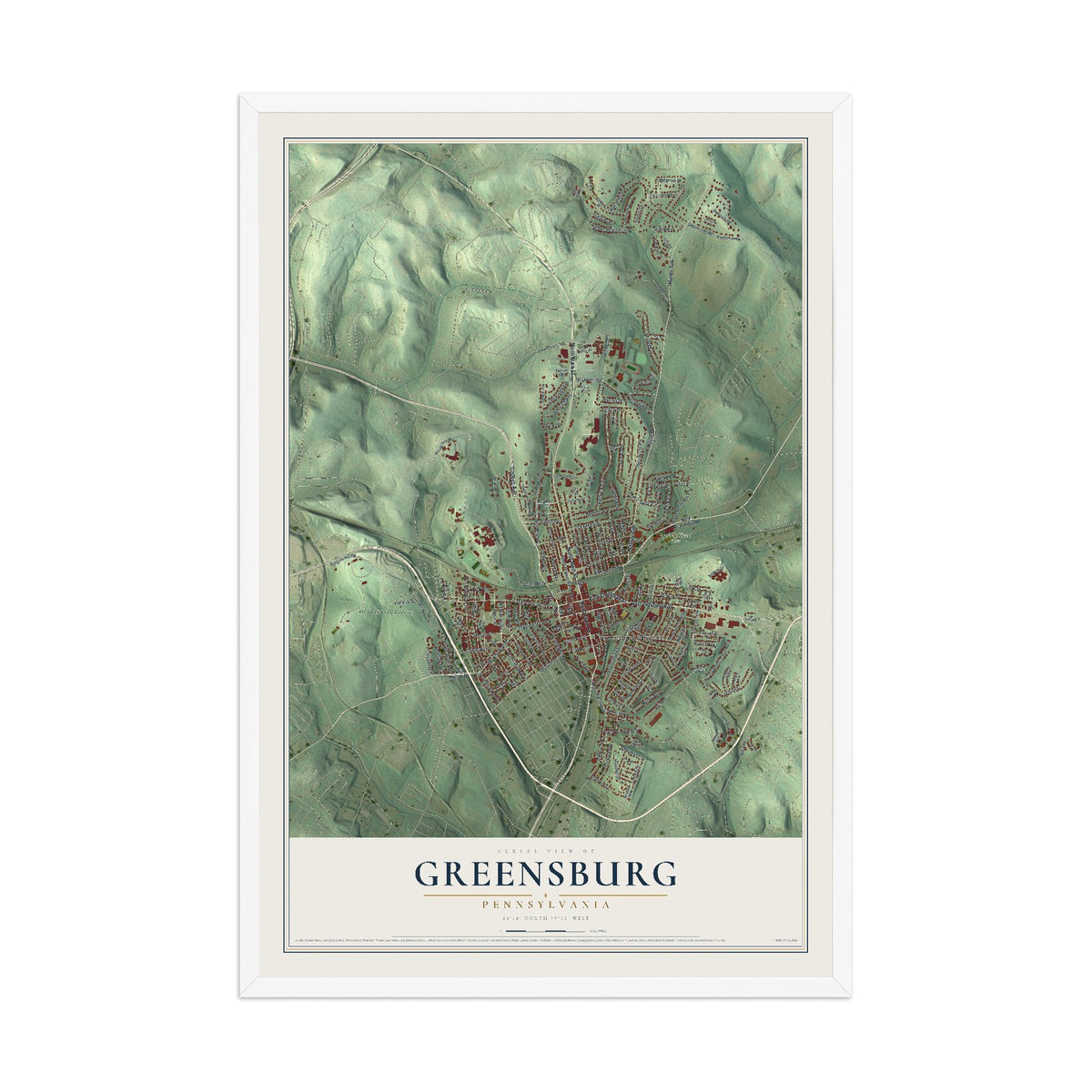 Map of Greensburg, Pennsylvania, 12 x 18 inch print in a white wood frame
