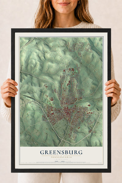 Map of Greensburg, Pennsylvania, 18 x 24 inch print in a black wood frame