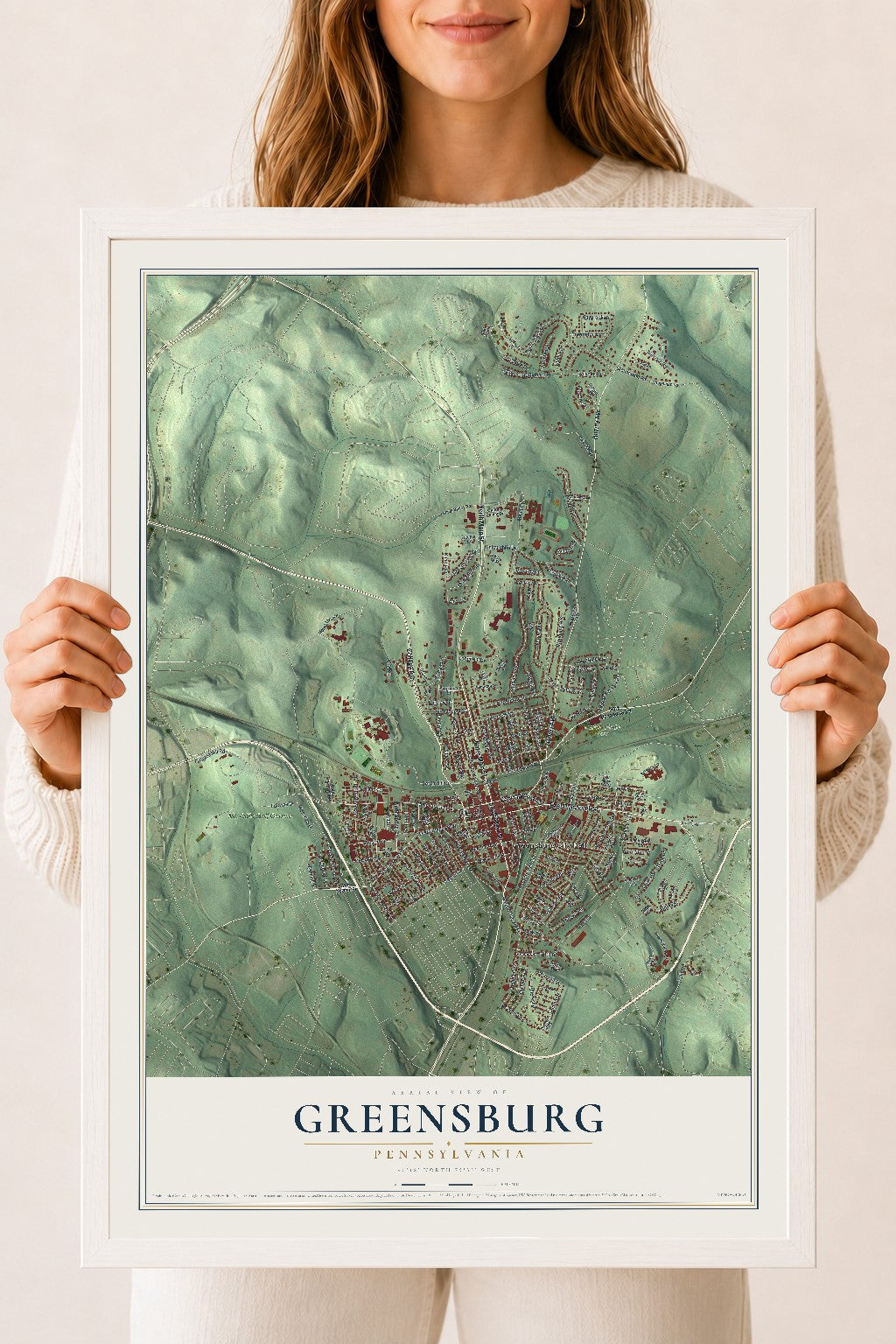 Map of Greensburg, Pennsylvania, 18 x 24 inch print in a white wood frame