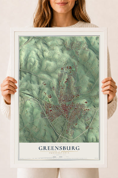 Map of Greensburg, Pennsylvania, 18 x 24 inch print in a white wood frame