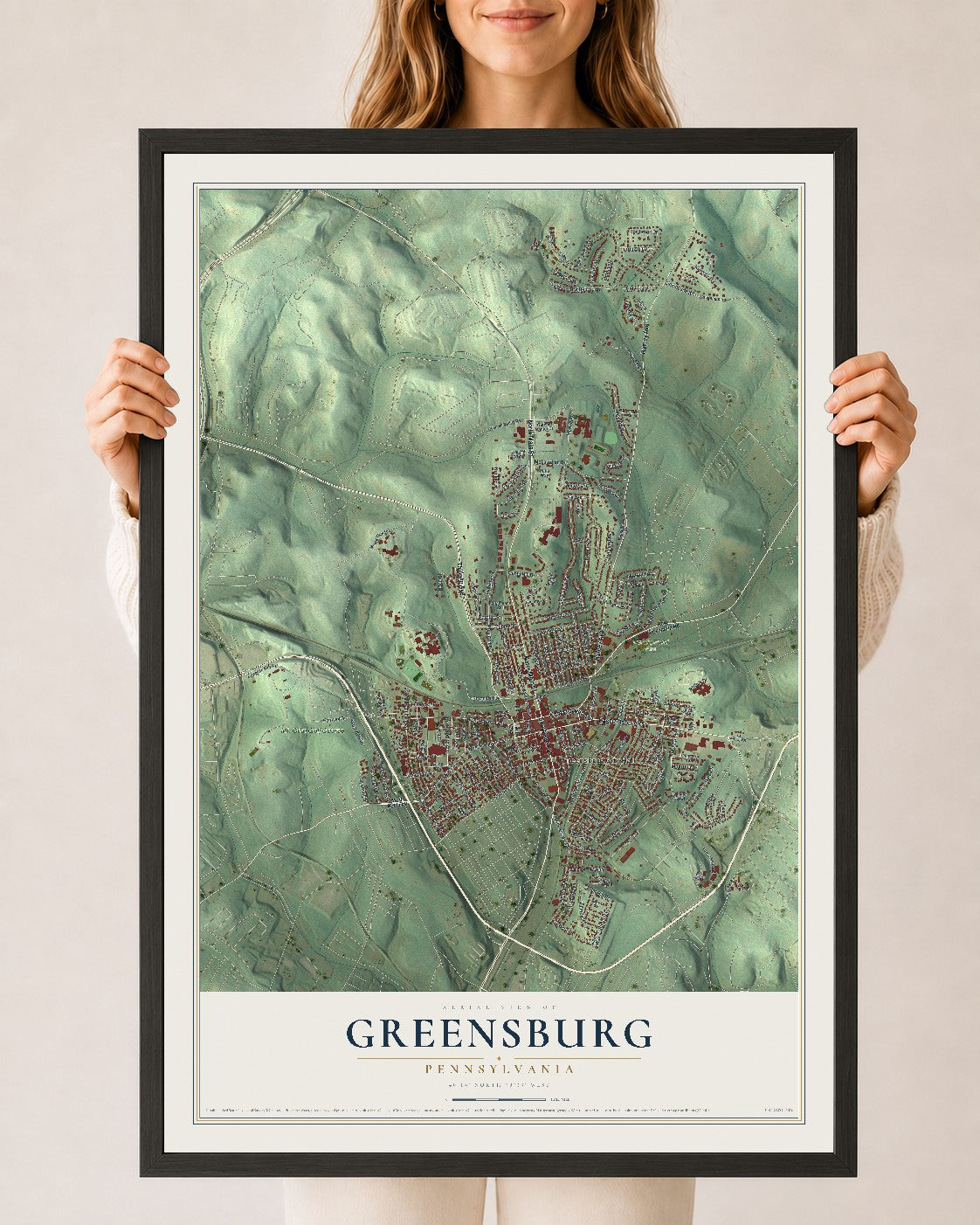 Map of Greensburg, Pennsylvania, 24 x 36 inch print in a black wood frame