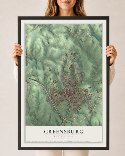 Map of Greensburg, Pennsylvania, 24 x 36 inch print in a black wood frame