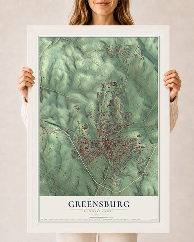 Map of Greensburg, Pennsylvania, 24 x 36 inch print in a white wood frame