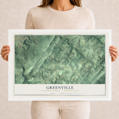 Map of Greenville, Somerset County, Pennsylvania, 12 x 18 inch print in a white wood frame