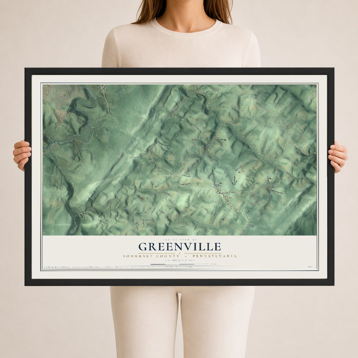 Map of Greenville, Somerset County, Pennsylvania, 24 x 36 inch print in a black wood frame