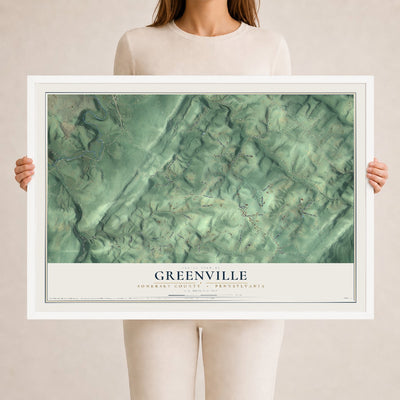Map of Greenville, Somerset County, Pennsylvania, 24 x 36 inch print in a white wood frame