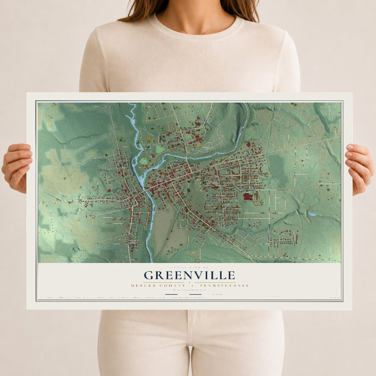 Map of Greenville, Mercer County, Pennsylvania, 12 x 18 inch unframed archival matte print
