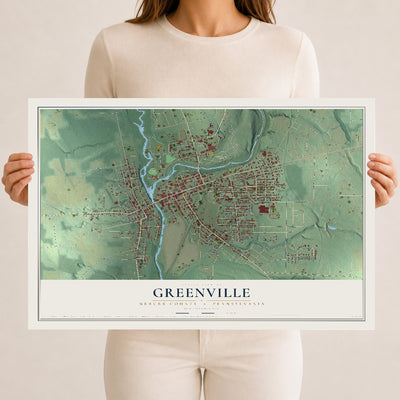 Map of Greenville, Mercer County, Pennsylvania, 12 x 18 inch unframed archival matte print