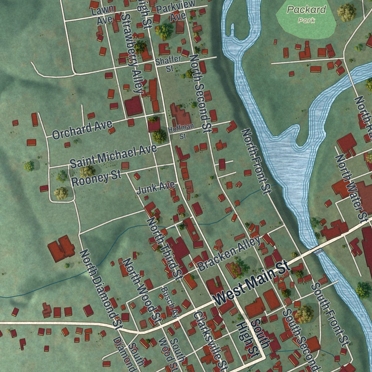 Second close-up of the map of Greenville, Mercer County, Pennsylvania print showing more streets and buildings