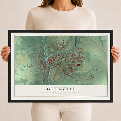 Map of Greenville, Mercer County, Pennsylvania, 12 x 18 inch print in a black wood frame