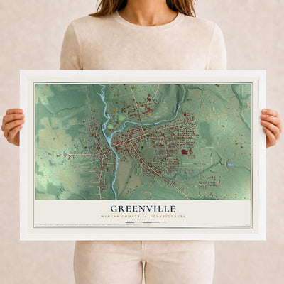 Map of Greenville, Mercer County, Pennsylvania, 12 x 18 inch print in a white wood frame