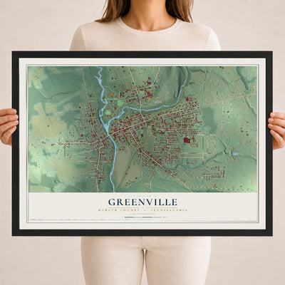 Map of Greenville, Mercer County, Pennsylvania, 18 x 24 inch print in a black wood frame