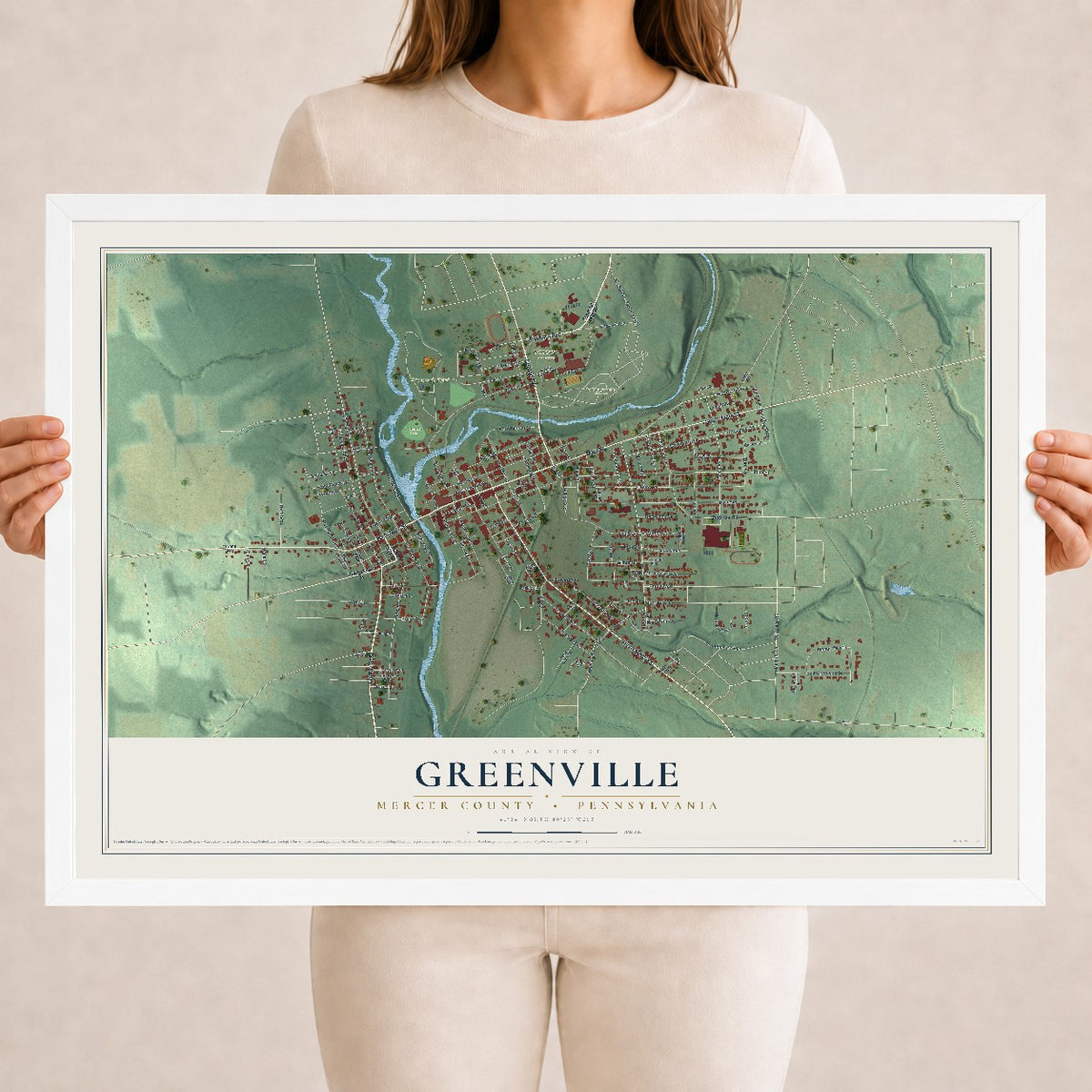 Map of Greenville, Mercer County, Pennsylvania, 18 x 24 inch print in a white wood frame